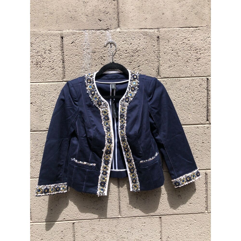 NWT White House Black Market Beaded Novelty Trophy Jacket Navy Blue Size 0 XS S